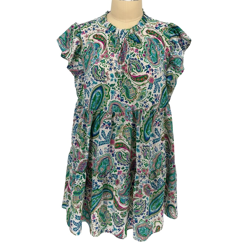 Jodifl Babydoll Dress Green Pink Blue Paisley Floral Tiered Flutter Sleeve 3X